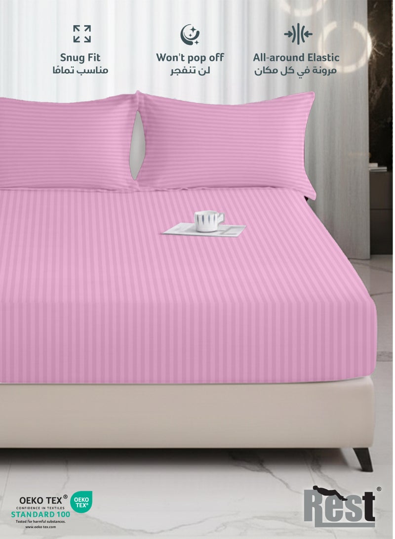 REST Stripe Fitted Sheet Set Superking 200x 200+30 cm + 2 Pillowcases 50 x 75 cm Brushed Microfiber Premium Durable Quality Deep Pocket for a Perfect Fit Shrinkage Fade Resistant Pink - Image 3